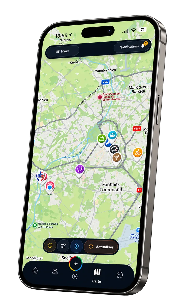 Carte locale d’Urbalya avec les signalements, lieux et activités autour de l’utilisateur
